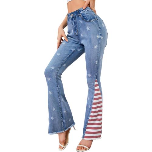Women's 3XL Ripped American Flag Bell Bottom Jeans High Waisted Frayed Raw Hem Casual Slim Denim Pants