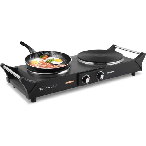 Techwood 1800W Hot Plate Portable Electric Stove Countertop Double Burner with Adjustable Temperature & Stay Cool Handles, 7.5” Cooktop for RV/Home/Camp, Compatible for All Cookwares