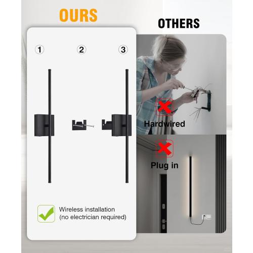 Battery Operated Wall Sconce with Remote Control,Wall Sconces Set of Two,3000K-6500K LED Wireless Wall Light for Bedroom, Hallway, Background Wall, 350°Rotate,26.6 Inch, Black(2 Pack)