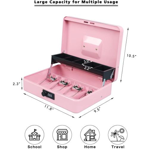 xydled Cash Box with Money Tray and Combination Lock,Tiered, Cantilever Design,4 Bill / 5 Coin Slots,11.8 x 9.5 x 3.5,Pink