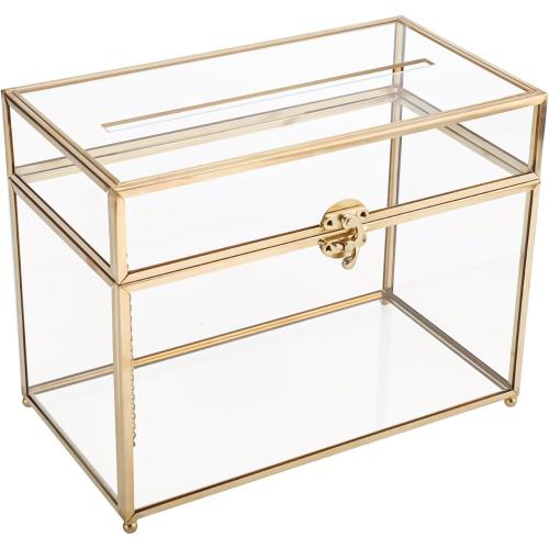 HighFree Glass Card Box, Large Clear Card Box for Wedding Receptions, Decorative Storage Box for Baby Shower, Birthday Party, Bridal Shower (With Slot, Gold)