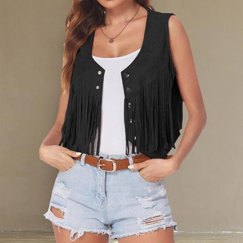 Size M Womens Vintage Western Fringe Vest Tops Classic 70s Cowboy Solid Mini Shirt Sleeveless Tassels Short Cardigan Jackets