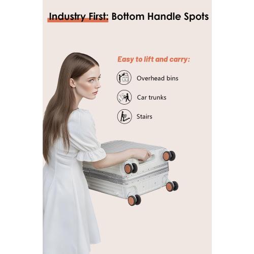 GREY 24-Inch Hardside Checked Luggage with Leather Handle, PC Zipperless Suitcase with Spinner Wheels and TSA Locks, Lightweight Checked Luggage for Travel, Silver