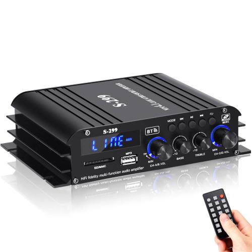 S299 Max 800W Bluetooth Home Audio Amplifier, RMS 40Wx4 4.1CH Bluetooth Power Amplifier with Active Subwoofer, Sound Audio System w/AUX, Headphone Jack, USB, SD, Remote Control - Suacopzar