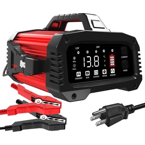 25Amp Car Battery Charger, Maintainer, 12V/24V LiFePO4 Lead Acid (AGM/Gel/SLA) Smart Trickle Charger, Engine Start Booster Mode, Battery Desulfator Repair Charger for Automotive Truck Motorcycle Boat