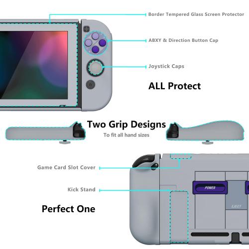 Grey & Purple PlayVital AlterGrips Ergonomic Grips Cover for Nintendo Switch, [2 Design] Interchangeable Comfort Dockable Protective Case with Screen Protector & Thumb Grip Buttons Caps - Classics SNES Style