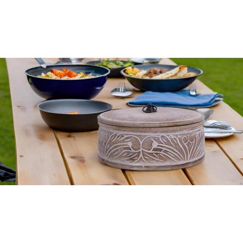 Handcrafted Wooden Mexican Tortilla Warmer Basket Indian Chapati Roti Bread Holder Box Pancake Keeper Serveware Hot Pot Casserole Dish With Lid Home Kitchen Dining Decor, Natural Brown, 9 x 3.5 Inches