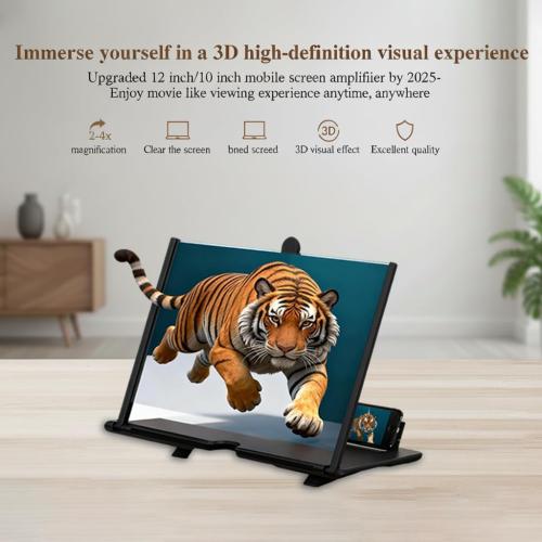 Screen Magnifier Version, 2026 New 3D HD Screen Magnifier for Cell Phone with Foldable Stand, Display Magnifier for Videos, Movies, Gaming, Travel and Home Use (Black, 12'')
