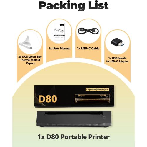 Portable Printer Wireless for Travel, D80 Thermal Printer, Inkless Printers, Compatible with iOS, Android, Laptop, Supports 8.5 x 11 US Letter & A4 & A5 for Home Use, Office, Vehicles, Black