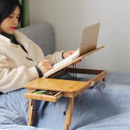 Laptop Desk Adjustable Bamboo Laptop Table with Fan Drawer Foldable Bed Tray Breakfast Tray Padded Lap Work Tray,for Working Writing Drawing