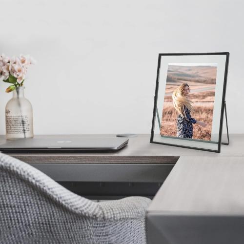 Qiannhee Black Floating Frame (10“x12”,2 Pack), Vertical Picture Frame Hold 10x12in 8x10in 5x7in Photo for Tabletop,Glass Finish Metal Stand Frame