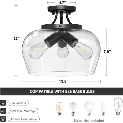 VONLUCE Semi Flush Mount Ceiling Light, 13.8 Ceiling Light Fixture with Clear Glass Shade, E26 Base, 3-Bulb Industrial Lighting Fixture for Hallway Entryway Bedroom, Matte Black, ETL Certificated