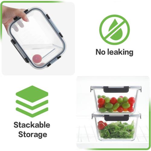 HOMBERKING 4 Pieces 63oz/8cup Large Glass Food Storage Containers with Lids, Meal Prep Containers, Airtight Bento Boxes with Leak Proof Locking (2 Containers   2 Lids) - Microwave, Oven Safe