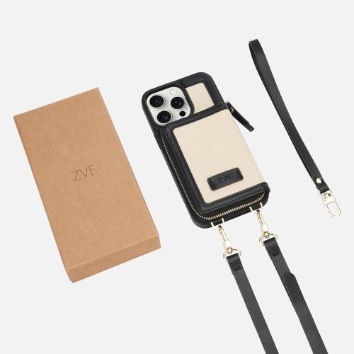Size iPhone 15 Pro Color Black and Beige ZVE Crossbody Wallet Case for iPhone 15 Pro Detachable Wrist Strap Zipper Leather Protected Case Card Holder, Compatible with iPhone 15 Pro 6.1-inch Purse Cover (Black with Beige)