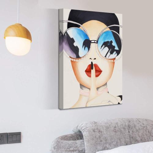 NWT Canvas Wall Art Fashion Woman Wears Unique Glass Red Lips Painting Artwork for Home Decor Framed - 32x48 inches