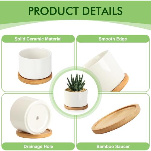 ZOUTOG Ceramic Succulent Pots,4 Inch Plant Pots,Succulent Planters with Drainage Hole & Bamboo Tray for Indoor Plants,White Small Flower Planters for Home,Office,Desk(6 Pack)