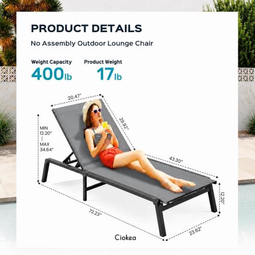 Aluminum Chaise Lounge Ourdoor - Foldable & Assemble Free Outdoor Lounge Chair with 5 Adjustable Backrest, Patio Lounge Chair for Outside Poolside Beach Pool, Grey