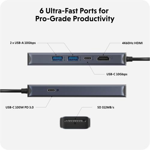 HyperDrive Next 6 Port USB C Hub for Mac, PC, Chromebook with 4K60Hz HDMI, 2 USB-A, USB-C 10Gbps 100W Power Delivery, 312 MB/s SD Card Reader Ports