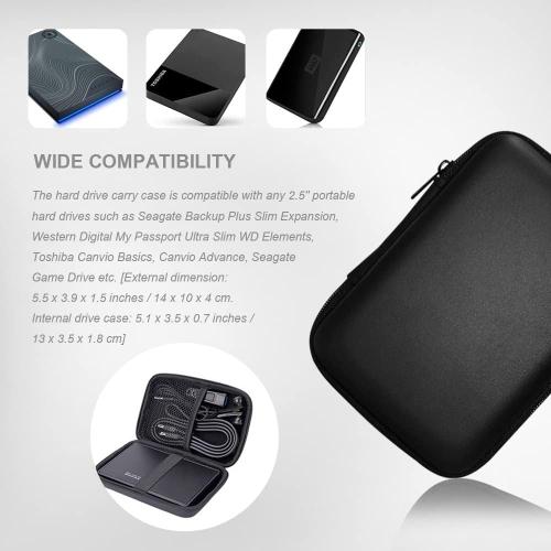 Hard Drive Carrying Case Storage Organizer Bag Multi-Purpose Universal Carry Pouch Compatible with Western Digital WD Elements Seagate, 2.5’’ EVA Shockproof Travel Case (Black)