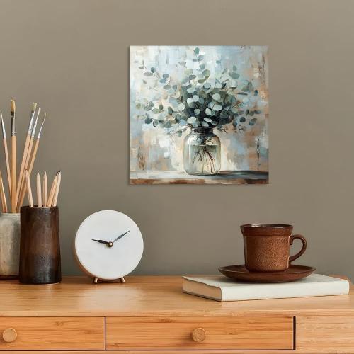 Serene Eucalyptus Wall Art - 12x12 Framed Sage Green Canvas with Mason Jar Botanical Design, Farmhouse Decor for Bathroom, Bedroom & Kitchen - Ready to Hang Calming Nature Print in Earth Tones