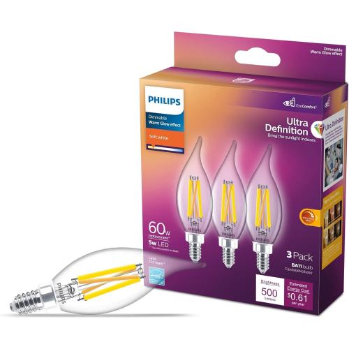 PHILIPS LED 40W BA11 E12 Base 3-Pack Ultra Definition Soft White (2700K) 300 Lumen (3.5W = 40W) Dimmable Frosted Flicker-Free Candelabra Light Bulbs