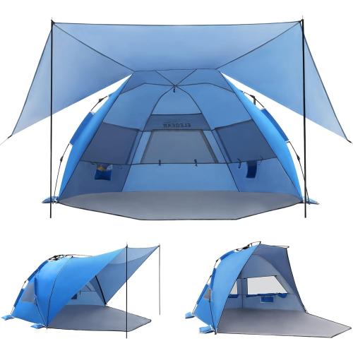 Elegear CumbreX™ Beach Tent with 360° Removable Canopy, 4-6 Person Pop Up Sun Shade Shelter, UPF 50  Automated Installation Double Silver Coating Portable Lightweight Beach Cabana for Beach/Outdoor