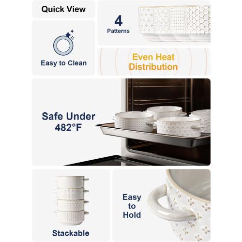 LE TAUCI Soup Bowls with Handles, 20 oz French Onion Soup Crocks, Stackable Soup Bowl Oven Safe for Chili, Beef Stew, Embossment Ceramic Bowl Set - 5.4 Inch, Set of 4, Arctic White