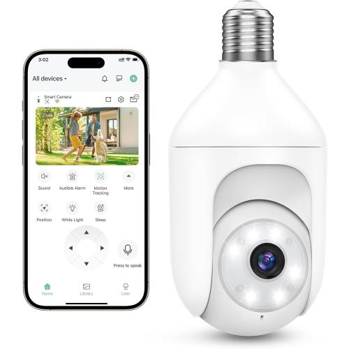 Light Bulb Security Cameras Wireless Outdoor Indoor, 2.4GHz WiFi Lightbulb Cameras for Home, 360°PTZ, 2K Color Night Vision, Motion Detection, 2-Way Audio, Spotlight Audible Alarm