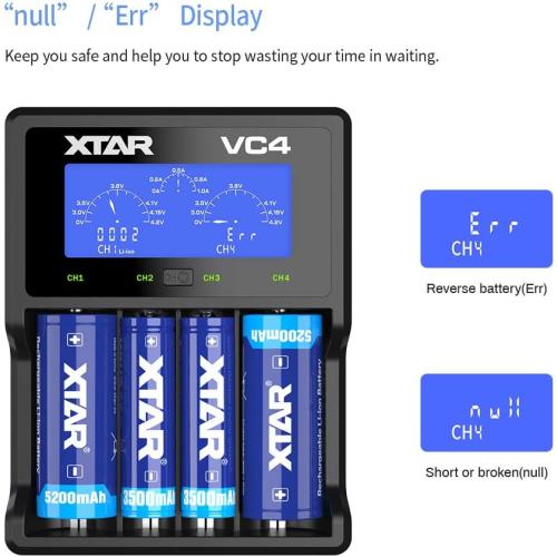 XTAR VC4 Universal Battery Charger - LCD Display, 4 Slots for 18650 Batteries