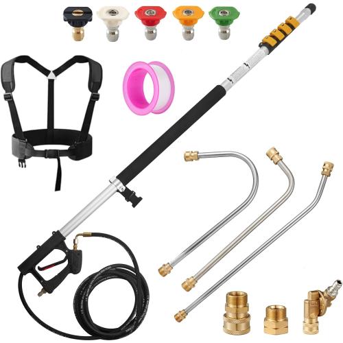Tecoloy 24 FT Telescoping Pressure Washer Wand with Power Washer Extension Wand, Support Belt, Gutter Cleaner Attachment, 5 Spray Nozzle Tips and 2 Hose Inlet Adapters
