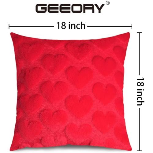 GEEORY Valentines Day Soft Plush Love Heart Pillow Covers, 18 x 18 Inch Set of 2, Faux Fur Wool Decorative Anniversary Cushion Case for Sofa Home Decoration Red GC010-18