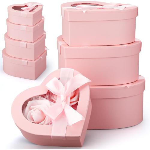 4 Pcs Valentine Flower Boxes Heart Shaped Boxes Floral Gift Box Assorted Sizes with Transparent Window Lids and Ribbons for Luxury Flower Gift Arrangements Wedding(Pink)