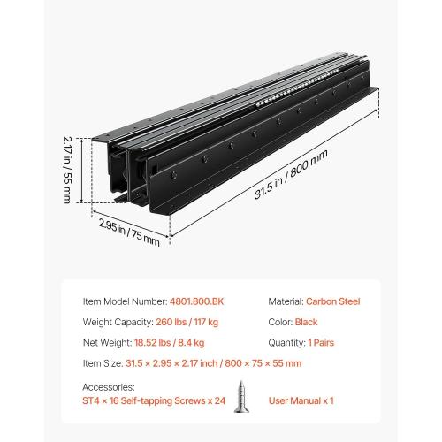 VEVOR Undermount Heavy Duty Drawer Slides, 16 24 32 40 Inch 260 lb Load Capacity Full Extension Ball Bearing Under Stair Cabinet Rails, Bottom Stair Cabinet Glides Track Runners(32inch, Black)