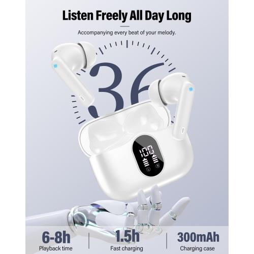 Wireless Earbuds, Bluetooth 5.4 Headphones Bass Stereo, Ear Buds with Noise Cancelling Mic, LED Display in Ear Earphones Clear Calls, IP7 Waterproof Bluetooth Earbuds for Laptop/Phones/Sports, White