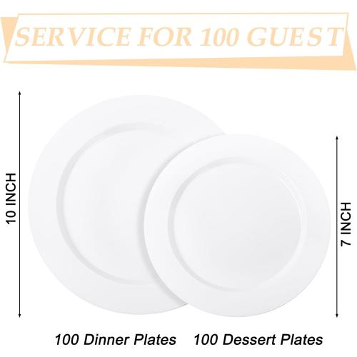 FLOWERCAT 200PCS White Plastic Plates Disposable Plates for Party - Heavy Duty Plastic Plates - 100 10 Dinner Plates and 100 7 Salad Plates for Weddings, Easter Parties and Events
