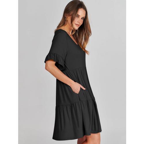 Size S ANRABESS Dresses for Women Summer 2026 V Neck Ruffle Sleeve A Line Tiered Flowy Casual Trendy Mini Beach Dress with Pockets