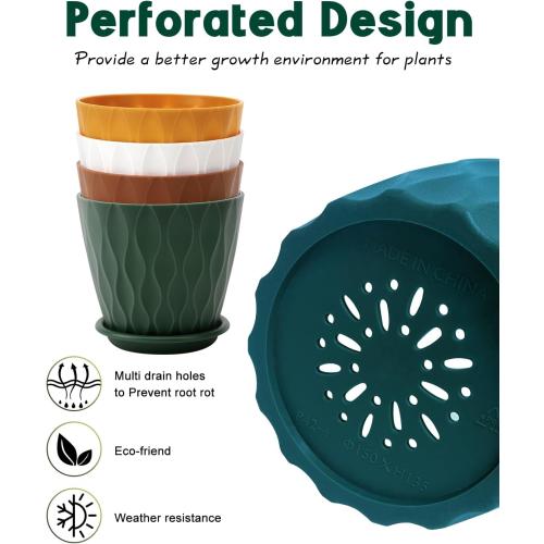 6 Inch Indoor Planter Pots with Drainage Hole and Tray Saucer,Flower Pots for Indoor Outdoor Garden Plants and Flowers, Multicolor, 5 Packs