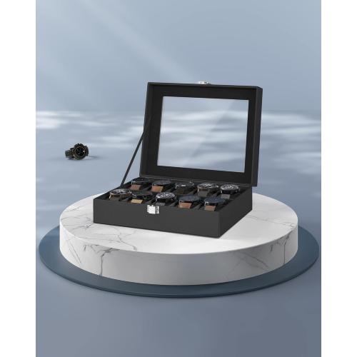 SONGMICS Watch Box, 10-Slot Watch Case Organizer with Large Glass Lid, Removable Pillows, Christmas Gift, Black Synthetic Leather, Black Lining UJWB010B02