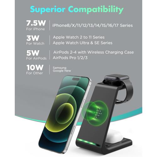 3 in 1 Wireless Charging Station, 2026 Upgraded Fast Desk Charger Station for iPhone 17 16 15 14 13 12 Pro Max Plus, Charger Stand for Apple Watch 10 9 8 7 6 5 4 3 2 SE, Airpods 4 3 2 Pro(Black)