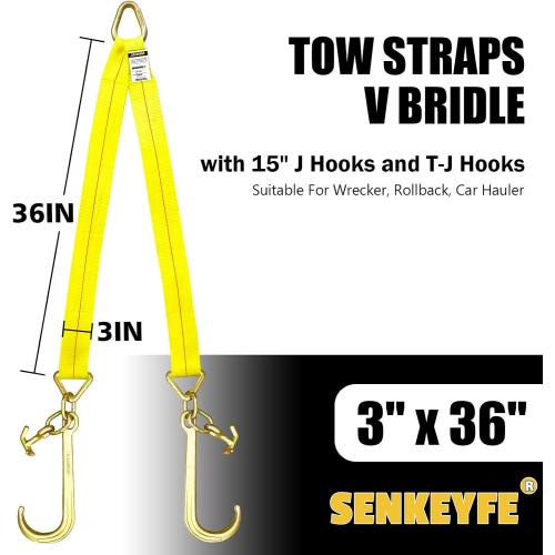 Tow Straps V Bridle, 3 x 36 Recovery V-Strap with 15 J Hooks and T-J Hooks, 5400LBS Recovery Bridle, Towing Strap with Hook for Wrecker, Rollback, Car Hauler