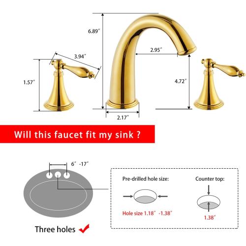 SaniteModar Polished Gold Bathroom Sink Faucet,Brass Bathroom Faucet 3 Hole,Widespread Bathroom Faucet for Sink 3 Hole,2 Handles Design with Water Supply Lines