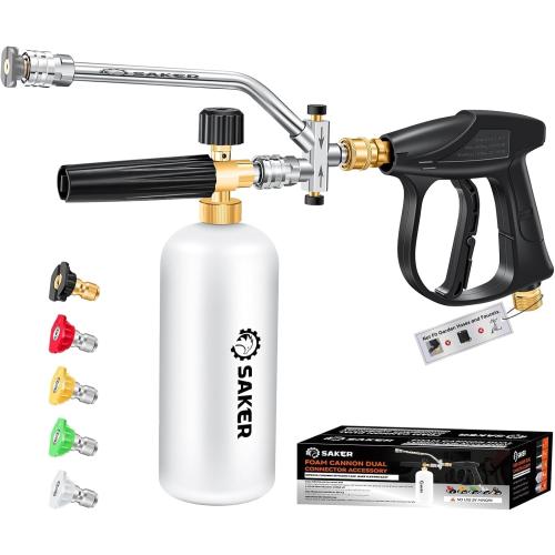 Saker Foam Cannon Dual Connector Accessory for Pressure Washer Kit,with Foam Cannon Dual Connector,Pressure Washer Gun for Car Washing and Cleaning,5 Power Washer Sprayer Nozzles