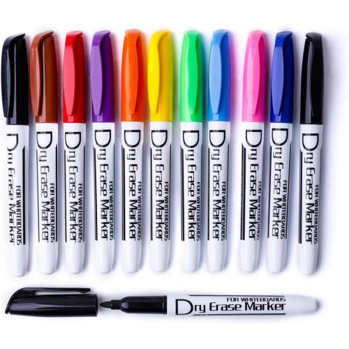 Volcanics Dry Erase Markers Low Odor Fine Whiteboard Markers Thin Box of 12, 10 Colors