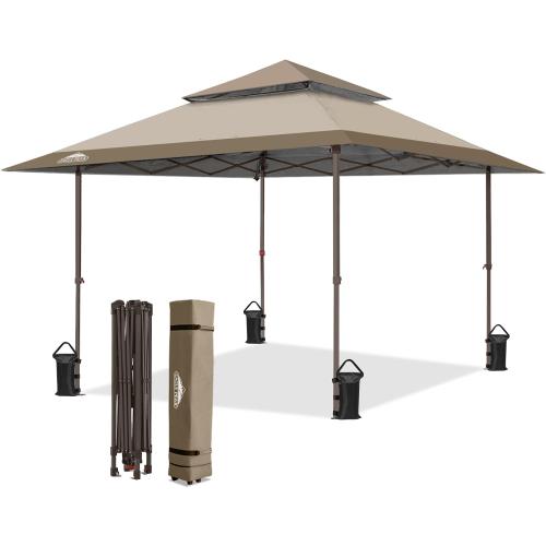 EAGLE PEAK 13x13 Straight Leg Pop Up Canopy Tent Instant Outdoor Canopy Easy Single Person Set up Folding Shelter w/Auto Extending Eaves 169 Square Feet of Shade (Beige)