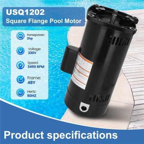 BLACK USQ1202 Pool Pump Motor, 2HP Square Flange Motor, 3450 RPM, 48Y Frame, Fit for A.O. Smith/Century Pool and Spa Pump Motor