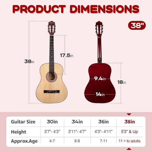 Acoustic Guitar 38 Wood Guitar with starter kit-Travel Gig Bag, Tuner,guitar pick with Beginner Set for Kids/Adults -Natural