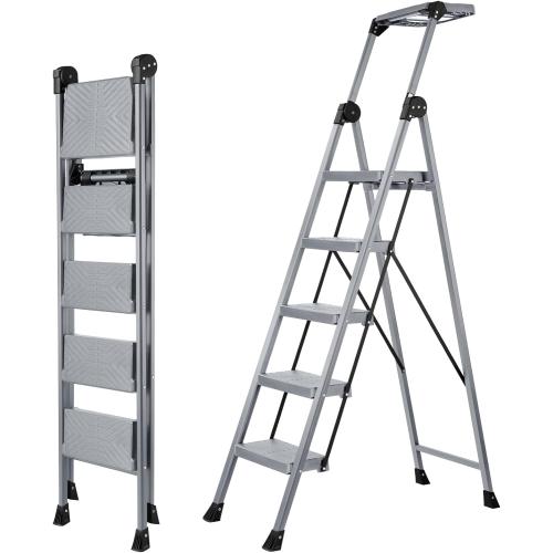 XinSunho 5 Step Ladder, Foldable Step Stool Ladder with Handrails & Tray, 660 lbs Heavy Duty Wide Pedals, Sturdy Steel Folding Ladder for Kitchen, Home, and Household Use (Silver, 5 Step)