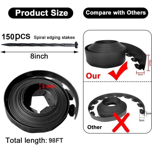 Landscape Edging 98FT,Garden Edging Borders Black [Extra Tall 4IN High] with 150pcs Plastic Stakes, Lawn Edging Flexible DIY Fence for Landscaping,Flower Bed,Grass,Gravel,Tree Surrounding