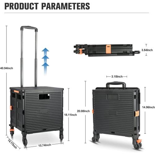 Utility Cart Folding Portable Rolling Crate Handcart with Lid Durable Heavy Duty Plastic Telescoping Handle Collapsible 360 Degree Rotate Wheels for Travel Shopping Moving Luggage Office Use,Black