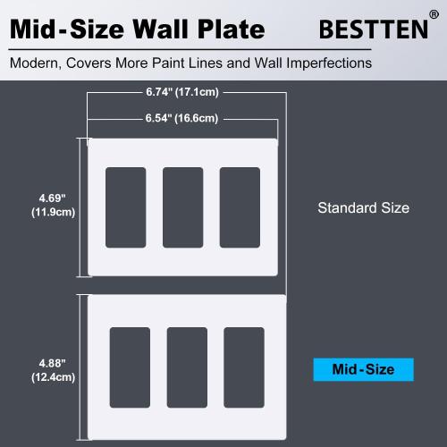 [4 Pack] BESTTEN 3 Gang Mid-Size Screwless Outlet Cover, Midway Decorative Wall Plate, USWP6 Gloss Snow White, Midsize H4.88 x W6.74